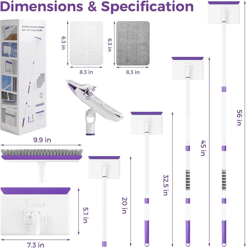 wlich Baseboard Cleaner Tool with Handle 2.0, 60" Extendable Long Handle, Dust Trapping and Locking, 5 Reusable Pads, Purple Base Boards Cleaning Tool for Moldings, Wall, Floor, Bathroom, Kitchen - Image 2